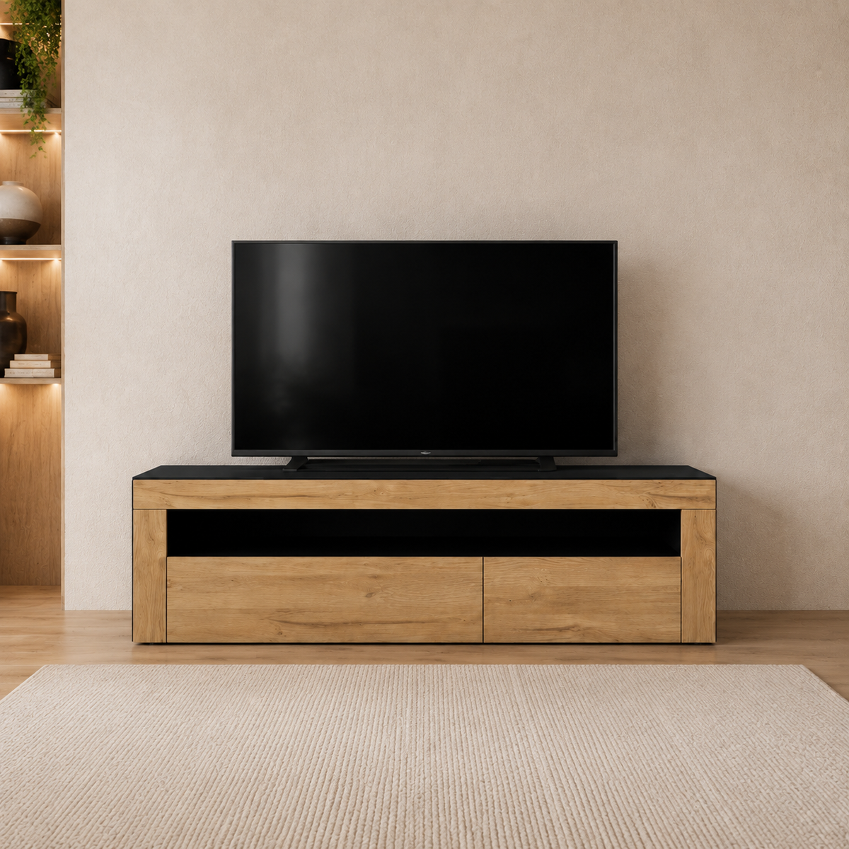 Modern Wooden TV Unit with Open Shelf & Storage
