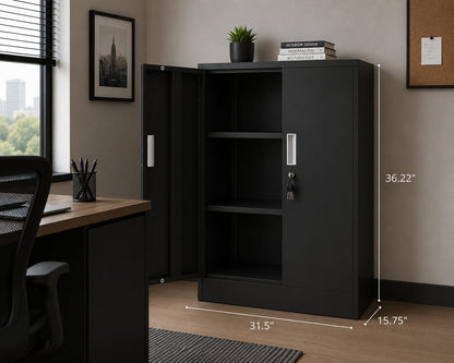 2-Door Locking Storage Cabinet with Adjustable Shelves – Freestanding Office & Home Organizer, Black