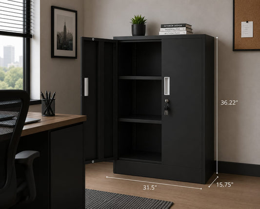2-Door Locking Storage Cabinet with Adjustable Shelves – Freestanding Office & Home Organizer, Black