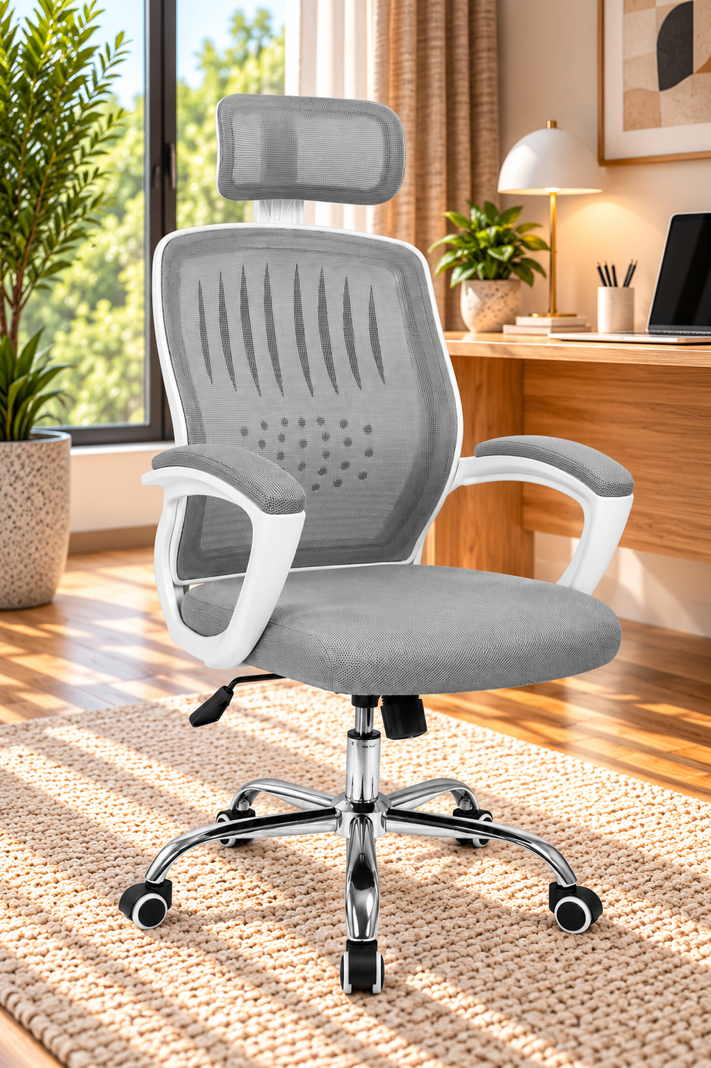 Eco Bob Mesh Office Chair, White Frame, Mobile with Headrest