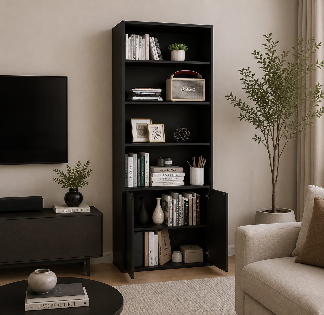 Panana 6 Tier Bookcase with 2 Doors, Wooden Cube Shelves Soild Wood Tall Bookshelf Storage Cupboard Organizer Display Free Standing Unit (Black)