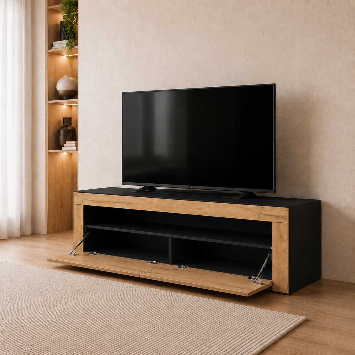 Modern Wooden TV Unit with Open Shelf & Storage