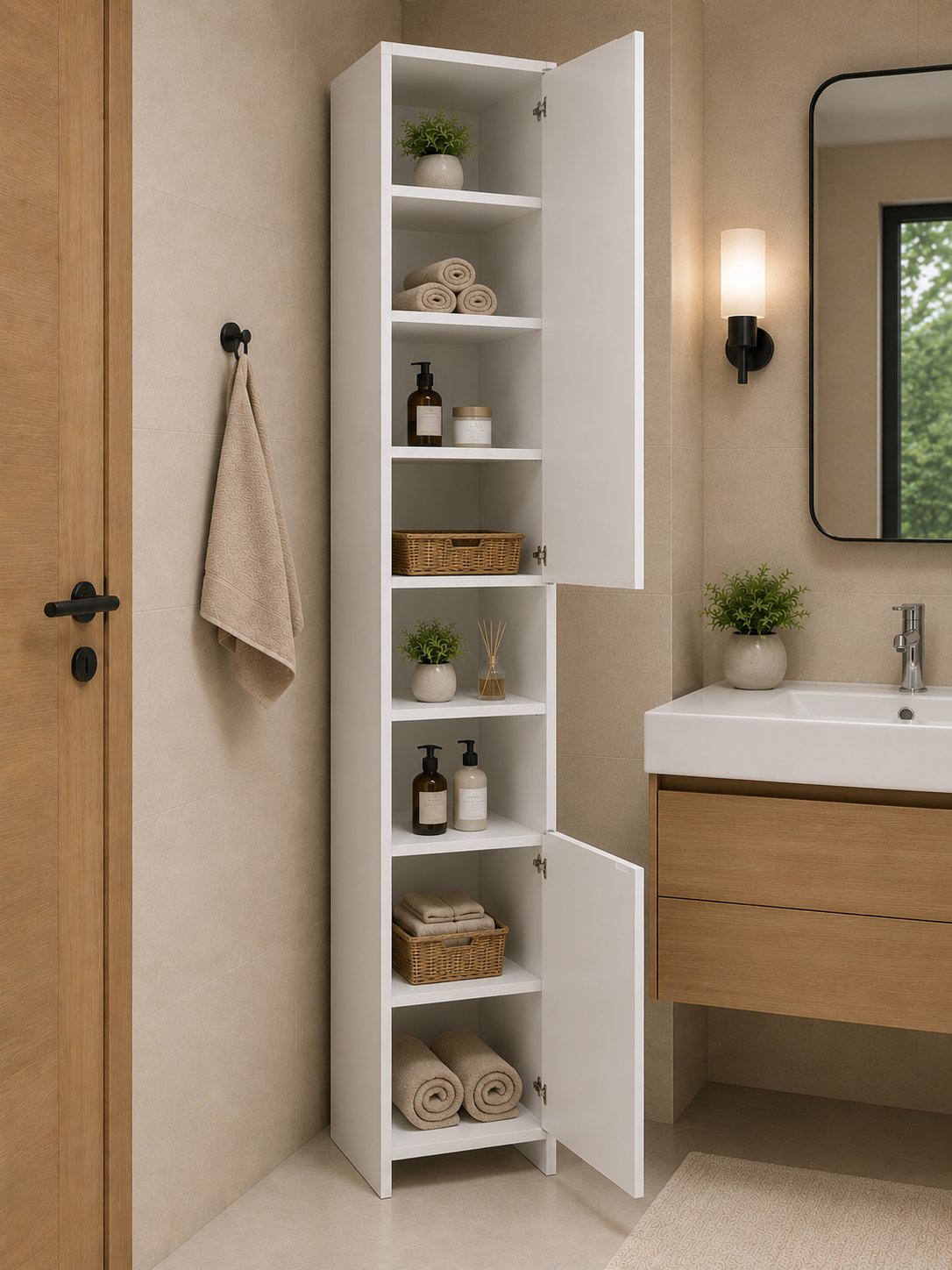 Artiss Bathroom Storage Cabinet, 185cm Tall Adjustable Cupboard Side Table Corner Shelf Wall Over Toilet Roll Storages Cabinets Unit Home Furniture Organiser, with Magnetic Doors Space Saving White