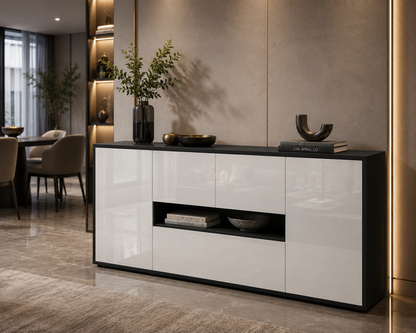 Modern Sideboard Cabinet with Push-to-Open Doors and High Gloss White