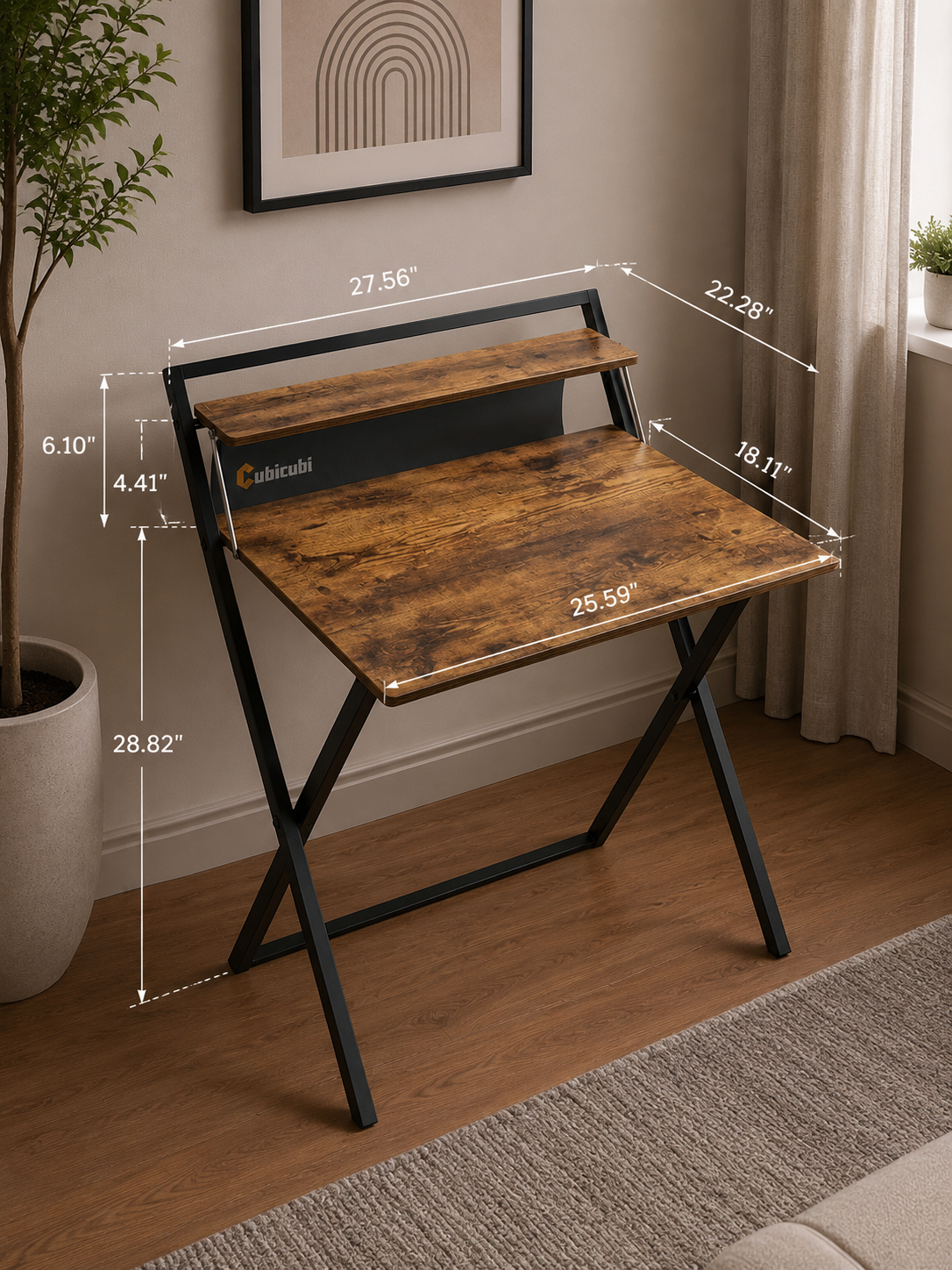 CubiCubi Small Folding Computer Desk 30 Inch with Shelf and Storage Bag, No Assembly Required, Home