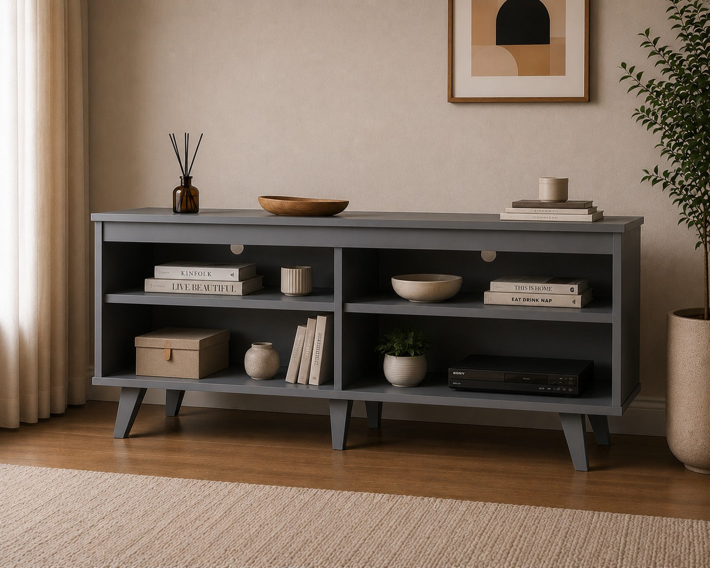 Modern TV Stand Cabinet for Living Room, Entertainment Center for TVs up to 55-Inch, Console Table, Media Unit with Cable Management and 4 open Storage Shelves - WHITE