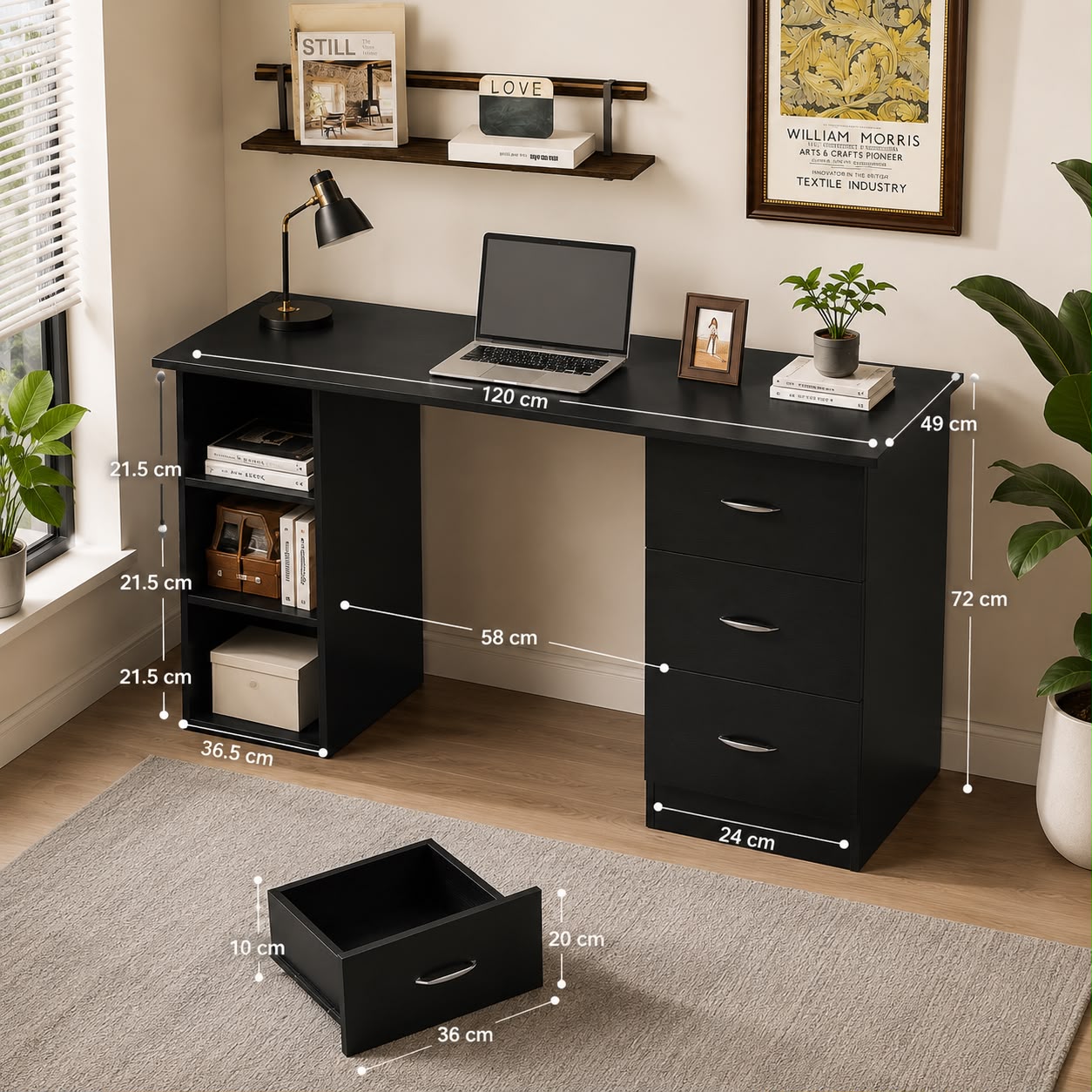 HOMCOM Modern Style Computer Desk Writing PC Table Workstation Laptop Study Stationery Cupboard w/ 3 Shelf & Drawers - Black 120H cm