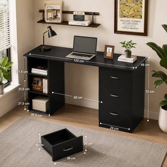 HOMCOM Modern Style Computer Desk Writing PC Table Workstation Laptop Study Stationery Cupboard w/ 3 Shelf & Drawers - Black 120H cm