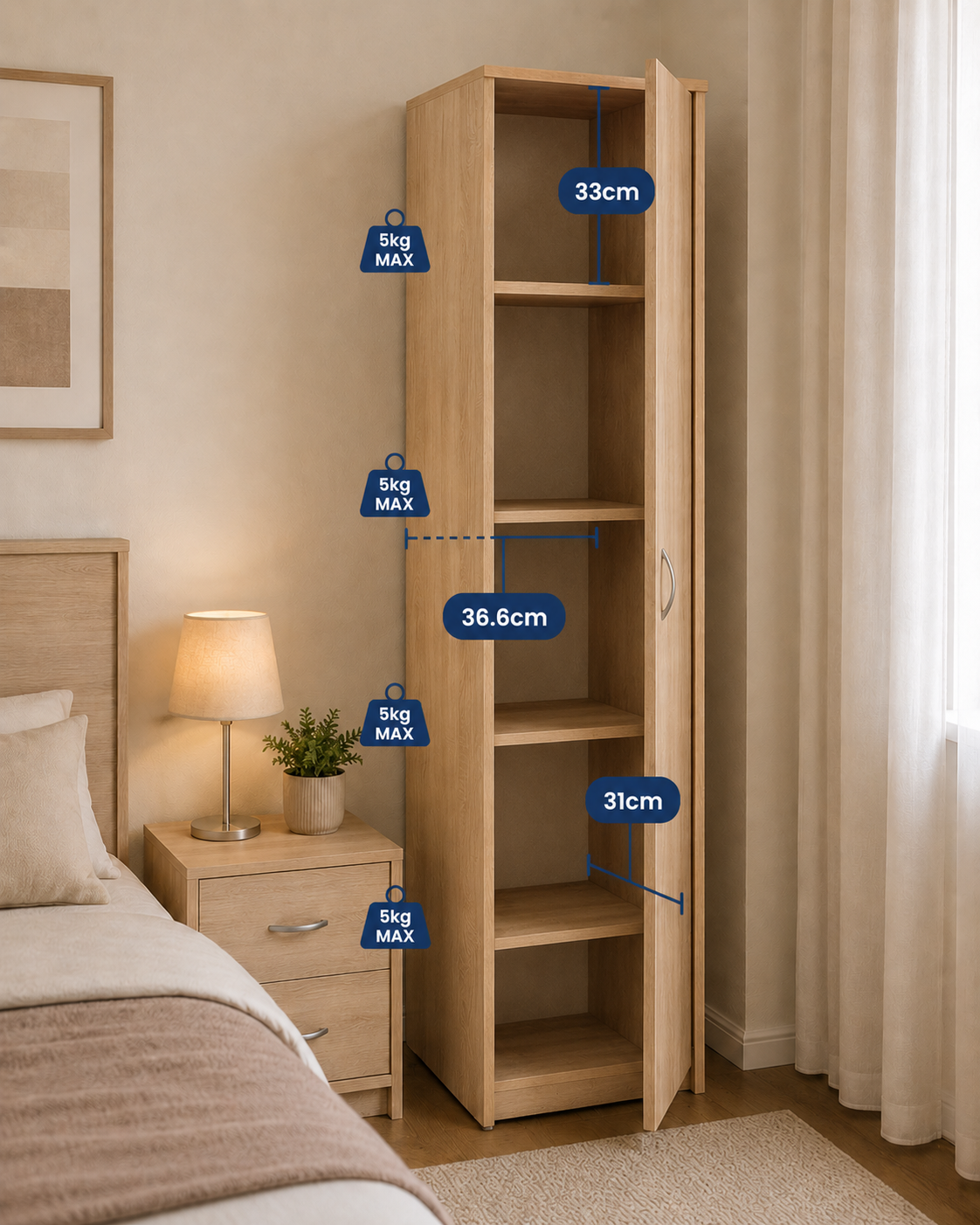 Tall Single-Door Storage Cabinet – Freestanding Utility Organizer Closet with Shelves, Oak Finish