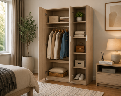 Modern Matt Oak 3 door triple wardrobe with shelves & rail.Slow-close