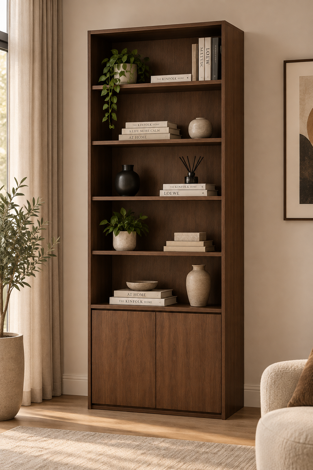 Modern Full-Height Bookshelf with Storage Cabinet