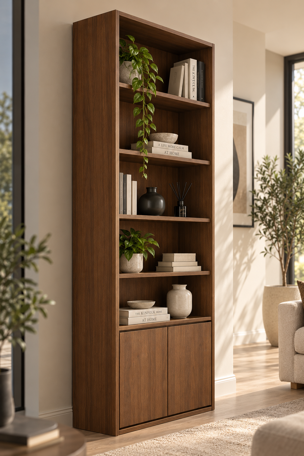 Modern Full-Height Bookshelf with Storage Cabinet