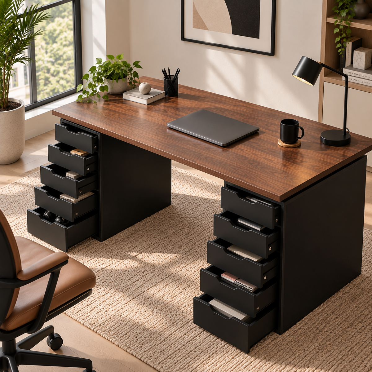 Executive Work Desk with Dual 5-Drawer Cabinets
