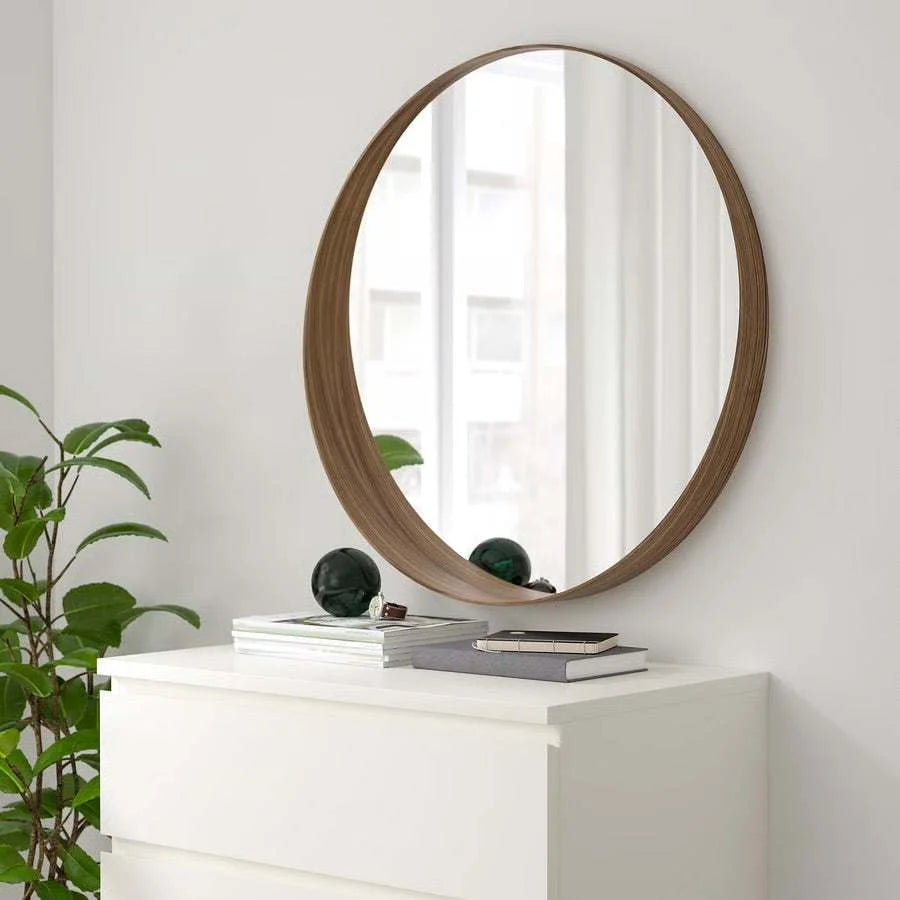 Modern Round Wood-Framed Wall Mirror