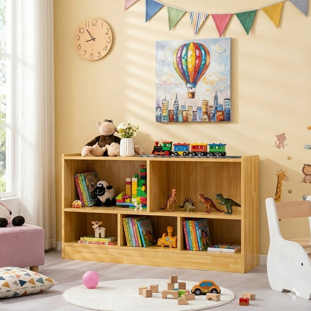 COSTWAY Wooden Cube Bookcase, 2 Tier Open Storage Shelving Unit with 5 Compartments, Freestanding Display Bookshelf for Living Room, Kids Playroom and Study (Wooden)