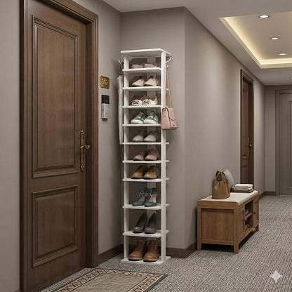 10-Tier Narrow Shoe Rack – White Wooden Shoe Storage Tower for Entryway, Hallway, Bedroom & Closet