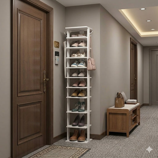 10-Tier Narrow Shoe Rack – White Wooden Shoe Storage Tower for Entryway, Hallway, Bedroom & Closet