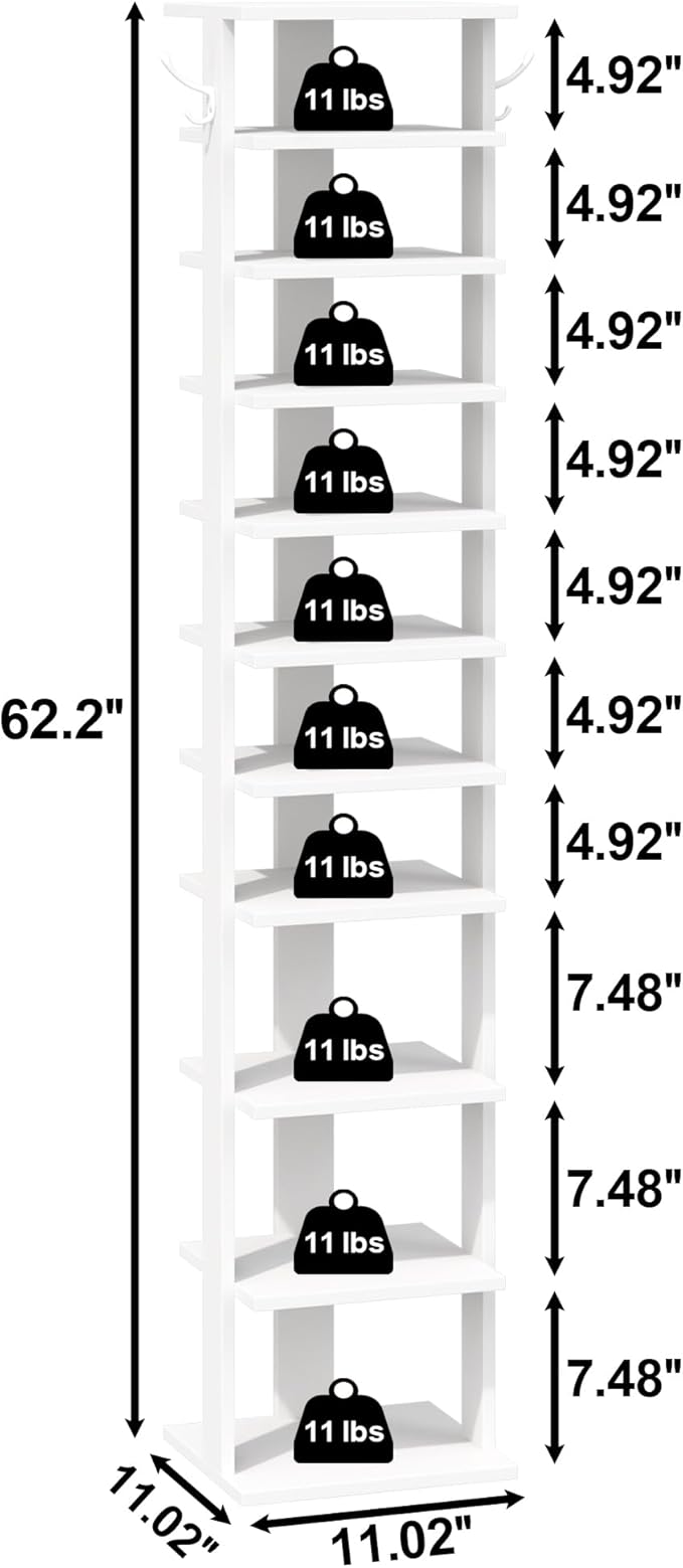 10-Tier Narrow Shoe Rack – White Wooden Shoe Storage Tower for Entryway, Hallway, Bedroom & Closet