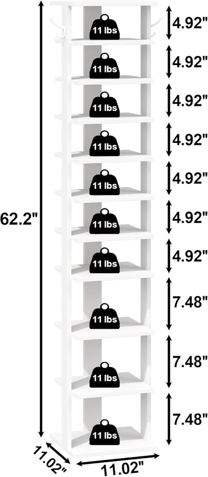 10-Tier Narrow Shoe Rack – White Wooden Shoe Storage Tower for Entryway, Hallway, Bedroom & Closet