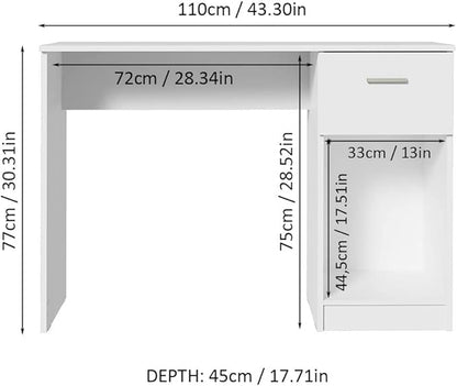 Madesa Compact Computer Desk with 1 Drawer and 1 Door, Study Table for Small Spaces, Wood, 77 H x 45 D x 110 L cm - White