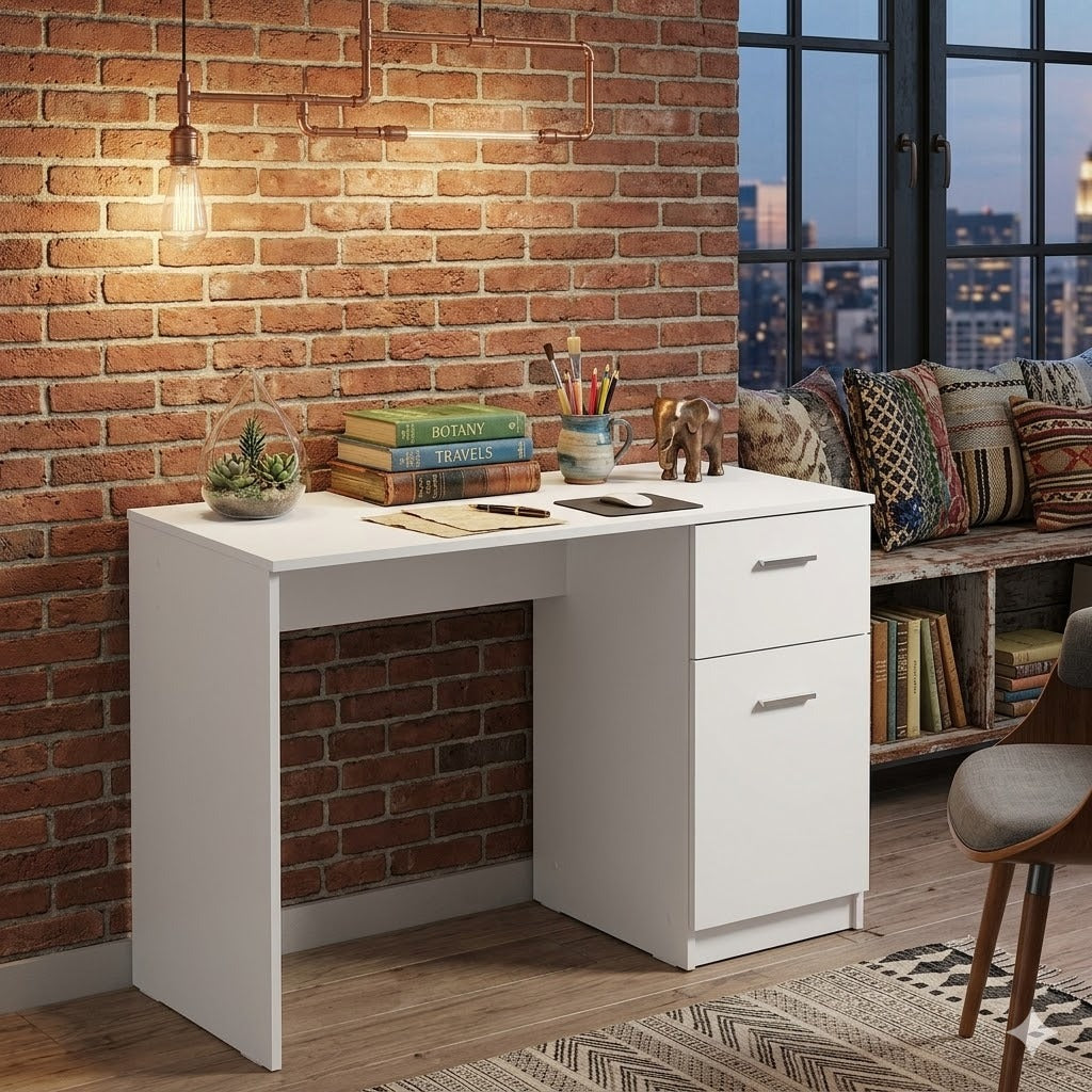 Madesa Compact Computer Desk with 1 Drawer and 1 Door, Study Table for Small Spaces, Wood, 77 H x 45 D x 110 L cm - White
