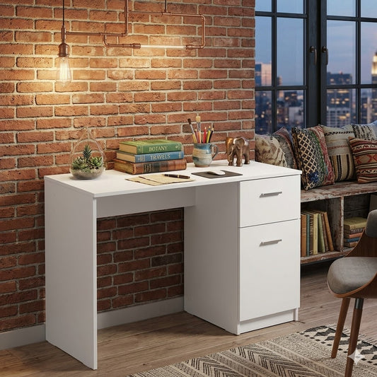 Madesa Compact Computer Desk with 1 Drawer and 1 Door, Study Table for Small Spaces, Wood, 77 H x 45 D x 110 L cm - White