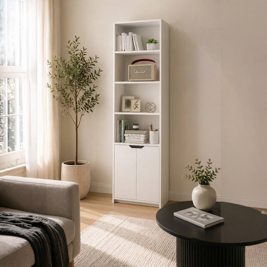 Panana 6 Tier Bookcase with 2 Doors, Wooden Cube Shelves Soild Wood Tall Bookshelf Storage Cupboard Organizer Display Free Standing Unit (White)