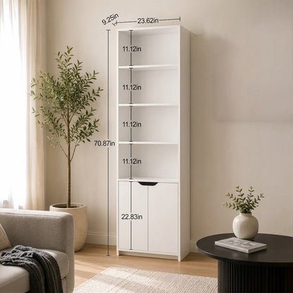 Panana 6 Tier Bookcase with 2 Doors, Wooden Cube Shelves Soild Wood Tall Bookshelf Storage Cupboard Organizer Display Free Standing Unit (White)