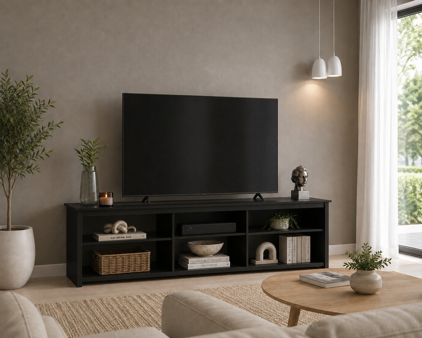 MADESA TV Stand with 6 Shelves and Cable Management, for TVs up to 75 Inches, Wood TV Bench, 23” H x 14" D x 71” L – Black