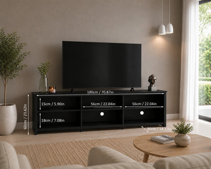 MADESA TV Stand with 6 Shelves and Cable Management, for TVs up to 75 Inches, Wood TV Bench, 23” H x 14" D x 71” L – Black