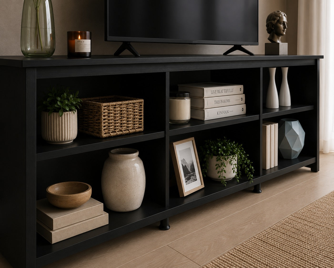 MADESA TV Stand with 6 Shelves and Cable Management, for TVs up to 75 Inches, Wood TV Bench, 23” H x 14" D x 71” L – Black