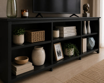 MADESA TV Stand with 6 Shelves and Cable Management, for TVs up to 75 Inches, Wood TV Bench, 23” H x 14" D x 71” L – Black