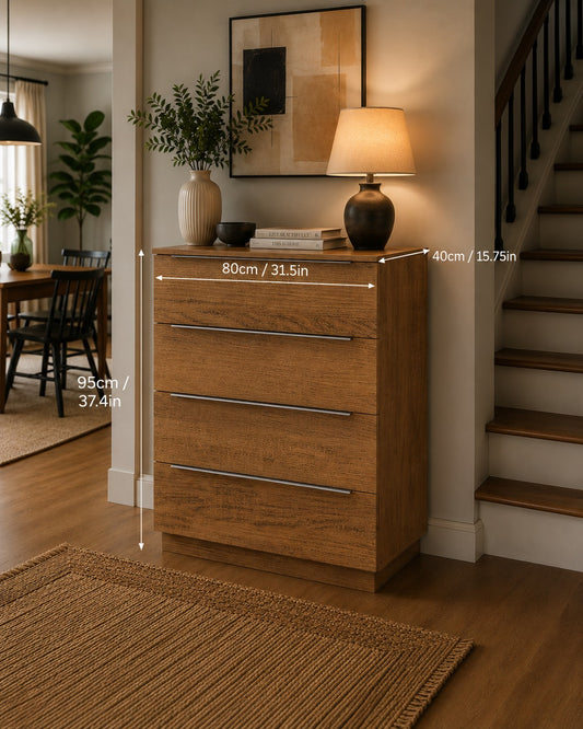 Modern 4-Drawer Chest of Drawers – Rustic Wood Bedroom Storage Cabinet | 80 x 95 x 40 cm