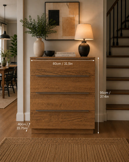 Modern 4-Drawer Chest of Drawers – Rustic Wood Bedroom Storage Cabinet | 80 x 95 x 40 cm