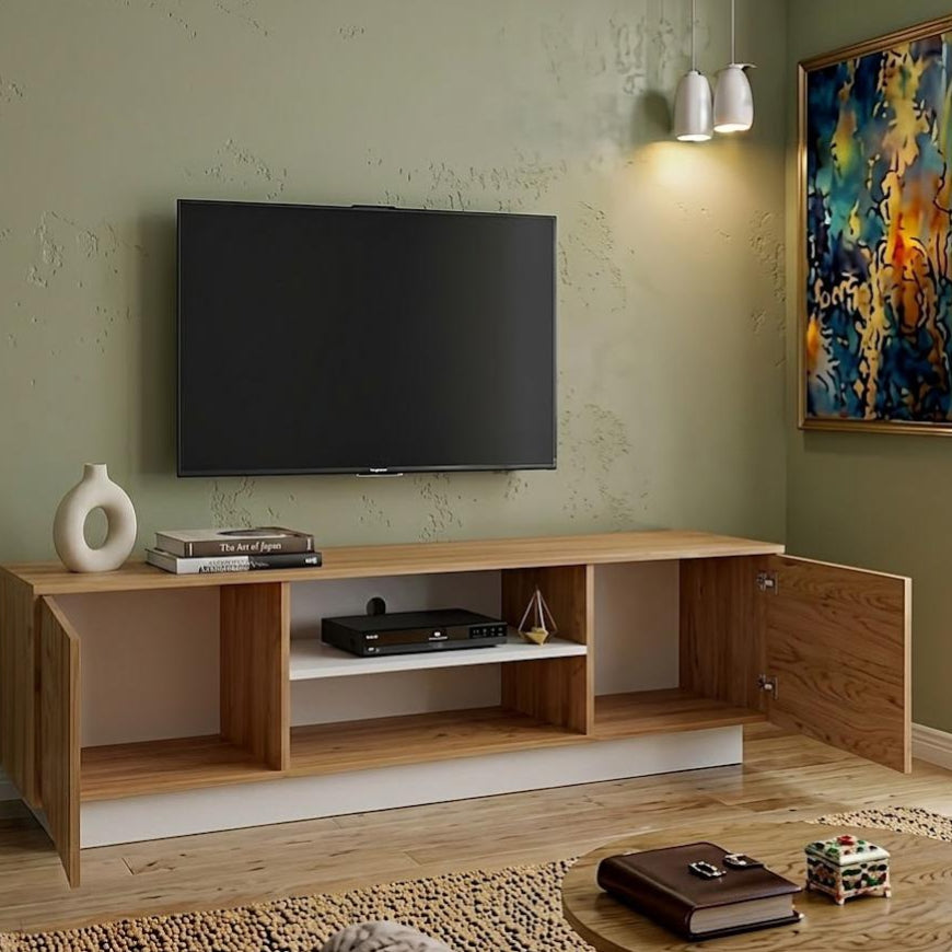 Modern Beige & White Wooden TV Unit with Storage Cabinets – Multi TV Console