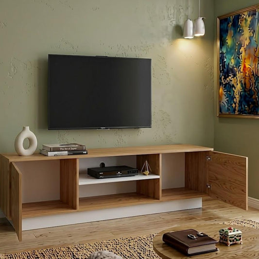 Modern Beige & White Wooden TV Unit with Storage Cabinets – Multi TV Console