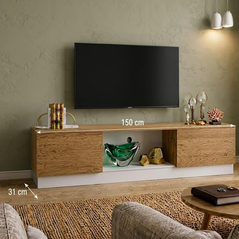 Modern Beige & White Wooden TV Unit with Storage Cabinets – Multi TV Console