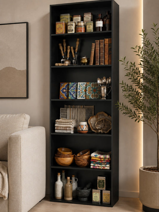 FirFurd Bookcase Wooden Shelf with 6 Compartments Shelves Bookcase Storage Shelf for Living Room Study Wooden 180 x 60 x 23.5 cm Black