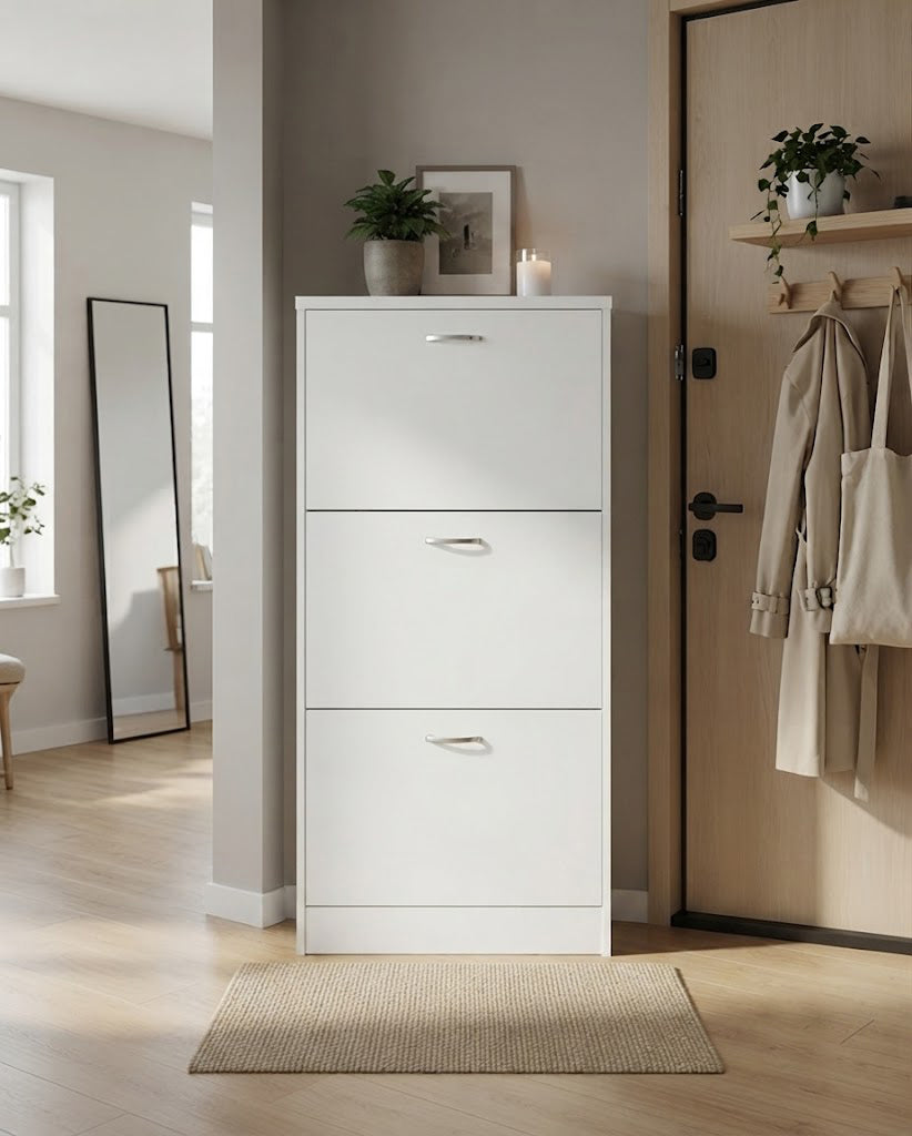 3 Drawer Shoe Cabinet, Pull Down Wooden Furniture Unit, White, Size 24D x 60W x 118H centimetres