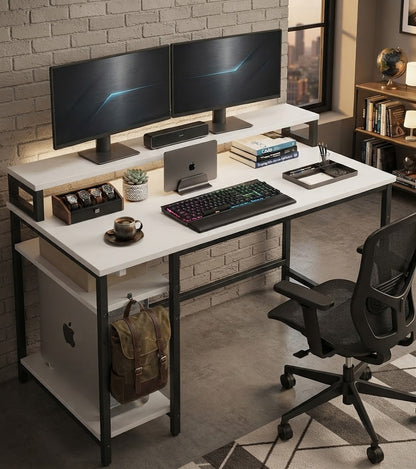 Computer Desk with Monitor Stand and Storage Shelves
