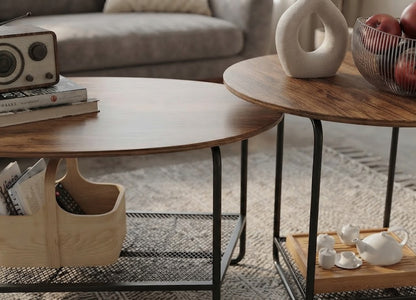 Coffee Table Set, 2-Tier Center Table with Open Shelf and Metal Frame