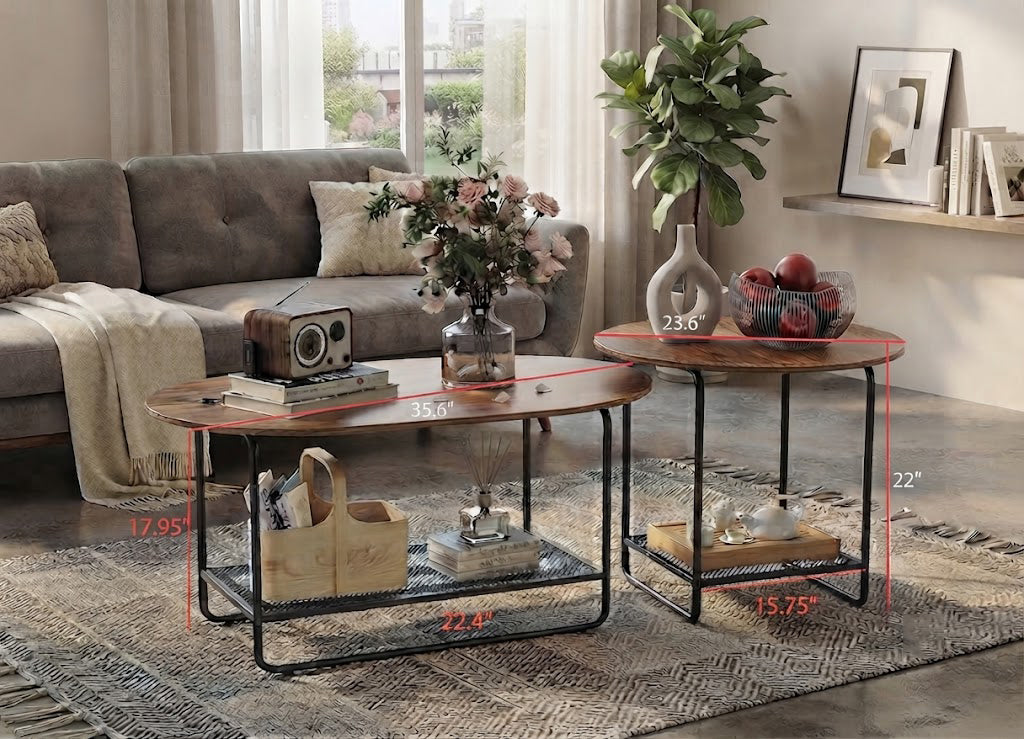 Coffee Table Set, 2-Tier Center Table with Open Shelf and Metal Frame
