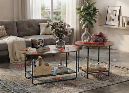 Coffee Table Set, 2-Tier Center Table with Open Shelf and Metal Frame
