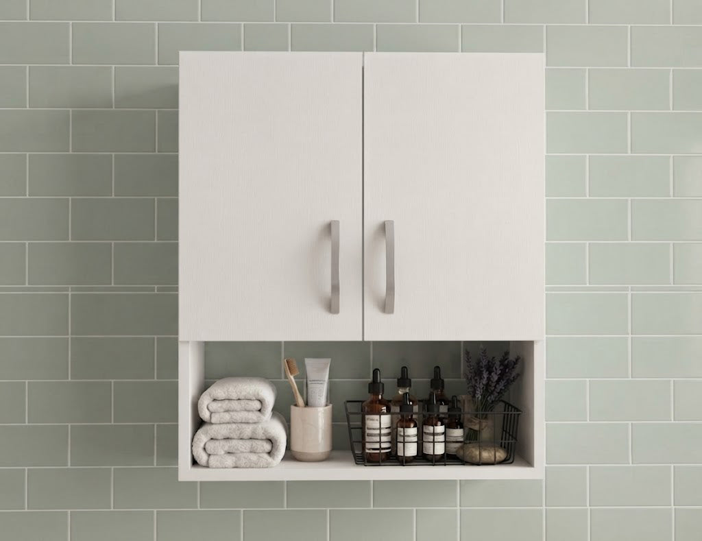 bathroom shelving unit has 2 doors and 3 shelves - White, Size Width: 60 cm, Height: 70 cm, Depth: 32 cm