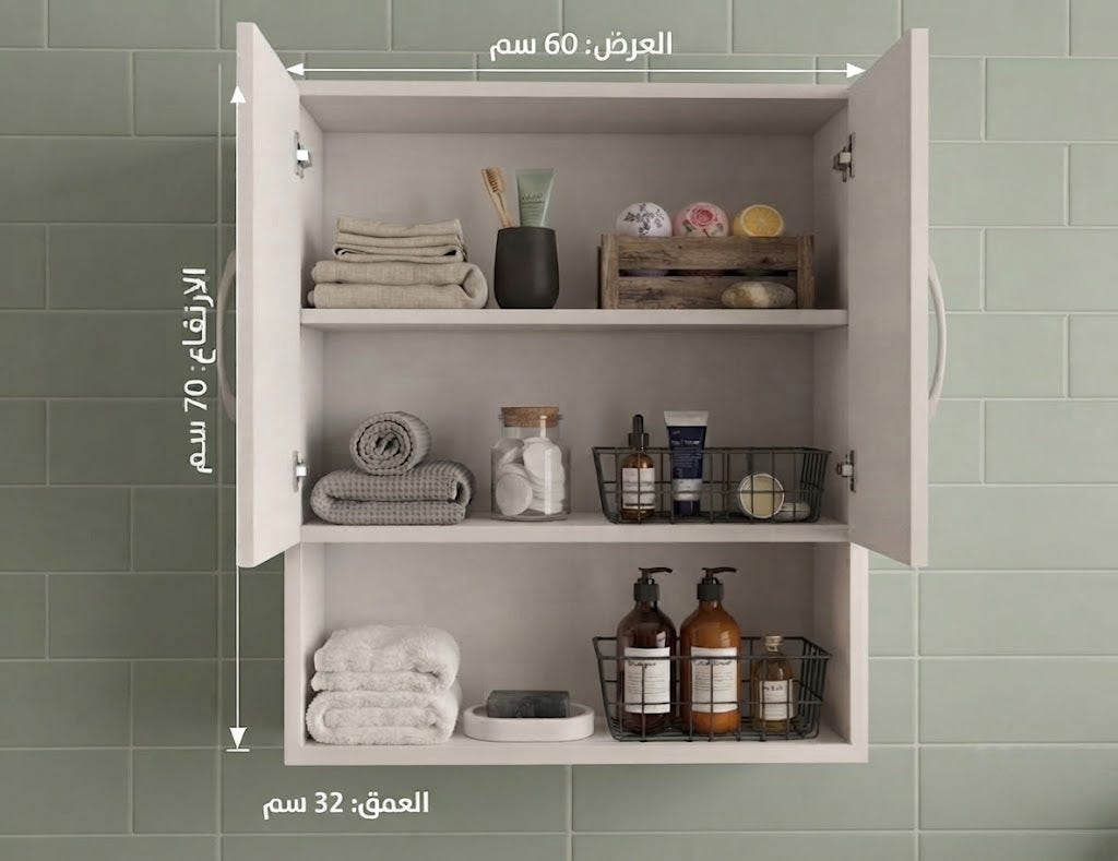 bathroom shelving unit has 2 doors and 3 shelves - White, Size Width: 60 cm, Height: 70 cm, Depth: 32 cm