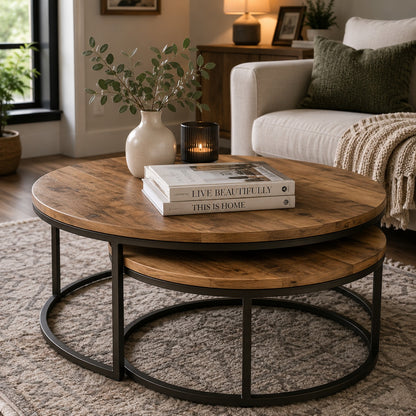 Vinchi Coffee Table, 75 cm, Black/wood Set of 2- AFC189