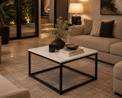 Coffee Table Marble Square White with Black Metal Frame