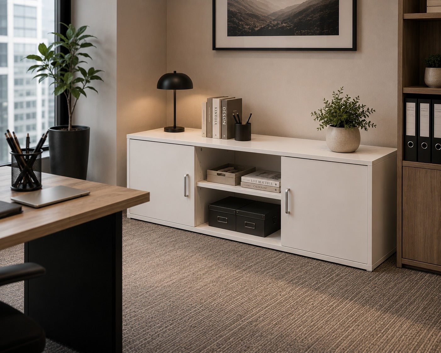 TV Stand with 2 Doors and 2-Tier Open Shelf