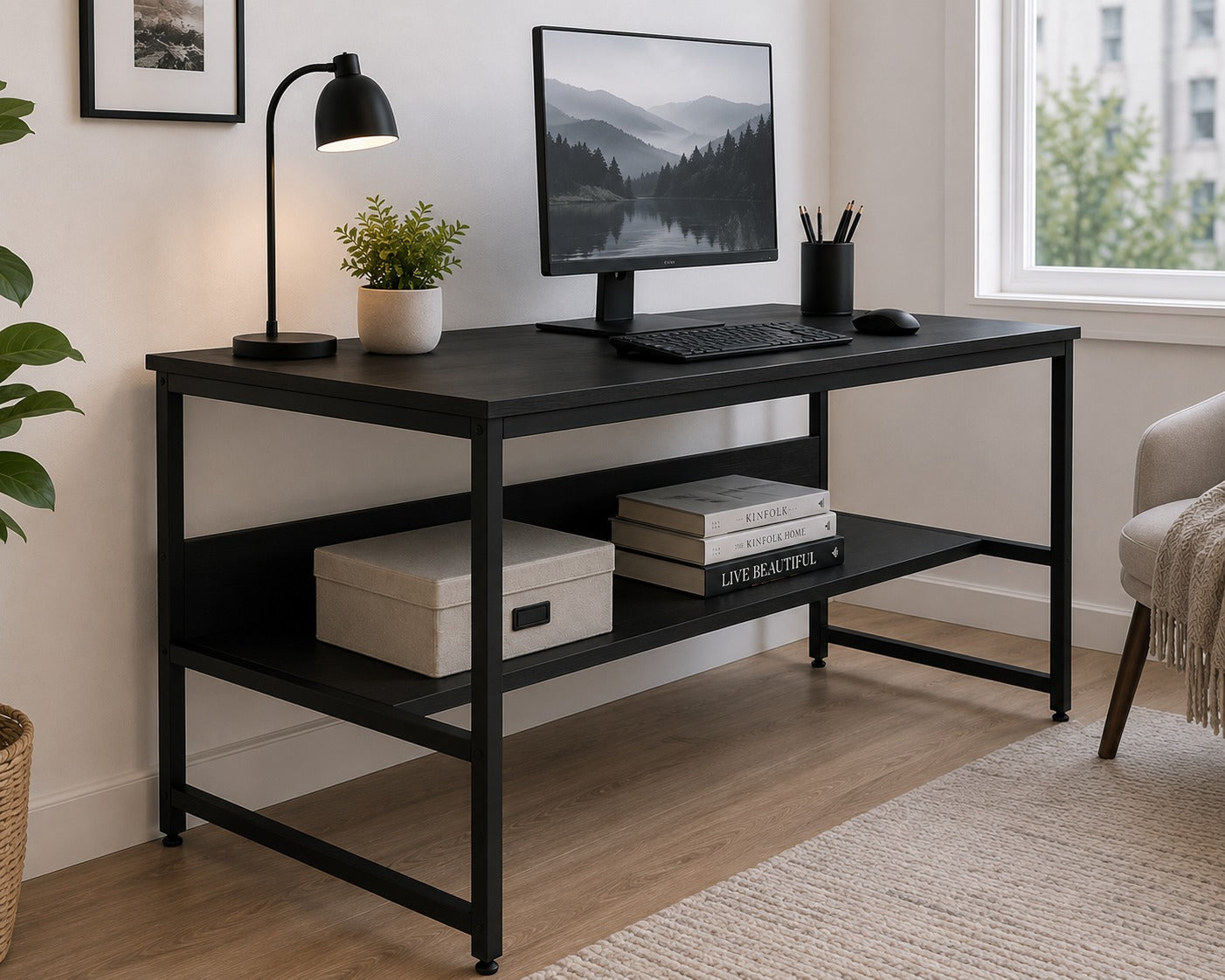Computer Desk with Adjustable Storage Shelf Metal