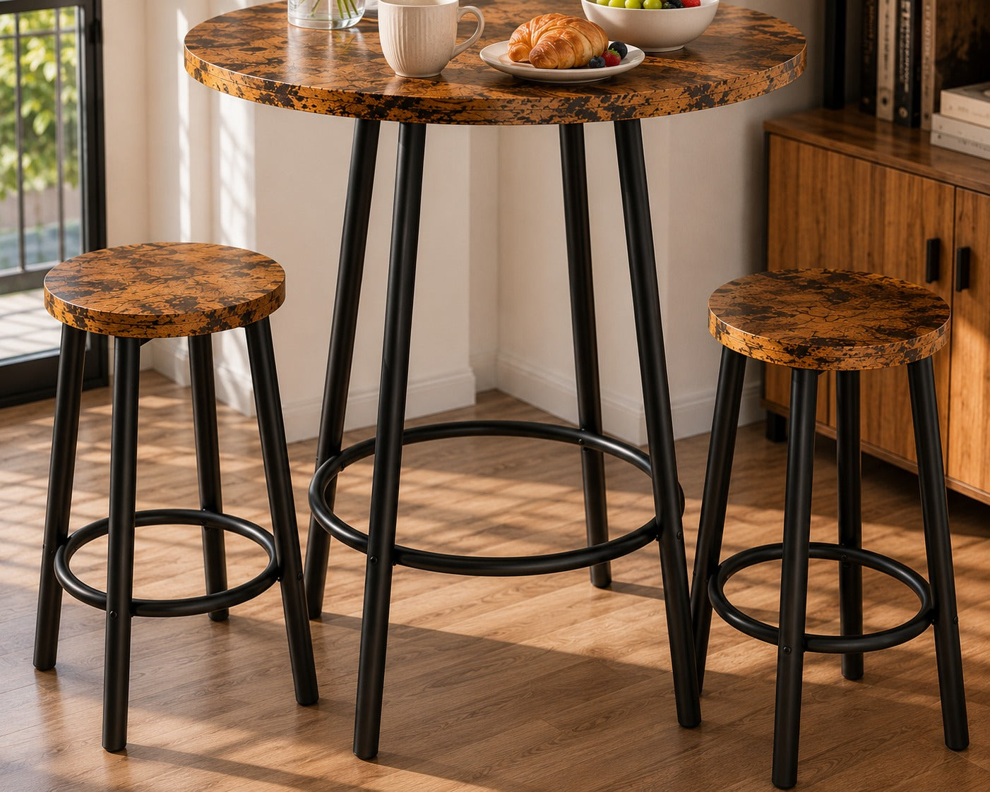 Woodx 3 Piece Pub Table Set, Modern Round Bar Table with 2 Stools Set